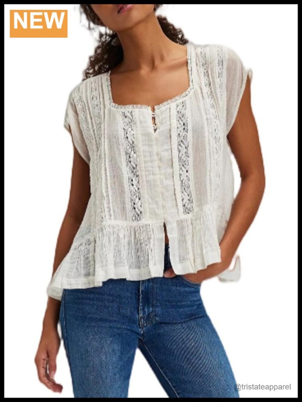 Lace Tie Front Boho Blouse Ruffle Trim Flowy Eyelet Peasant Top